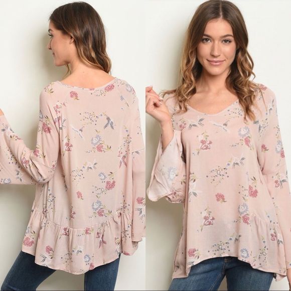 Floral & bird print bell sleeve top - Picture 1 of 2